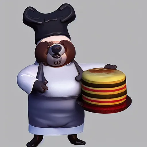 Image similar to pvc figurine of a fat badger wearing a chef's hat and apron and holding a cake, furry art, badger, artstation, figurine