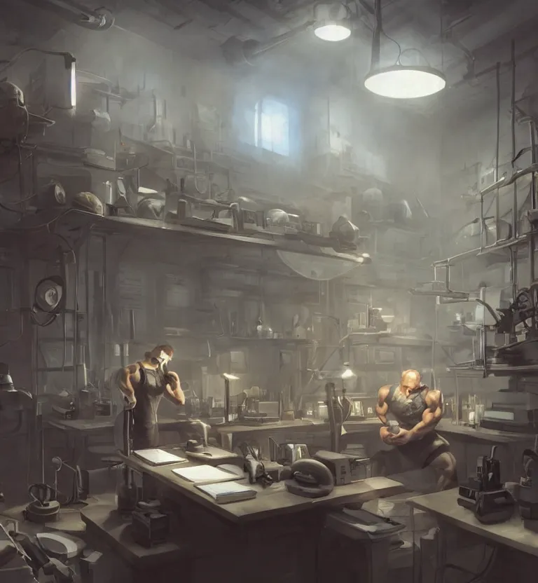 Image similar to a scientists in his lab while bodybuilding unreal render cinematic lighting art by bussiere rutkowski andreas rocha