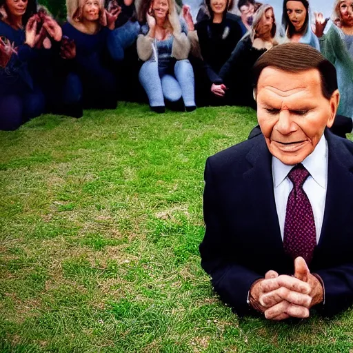 Prompt: kenneth copeland praying to satan in a witch circle