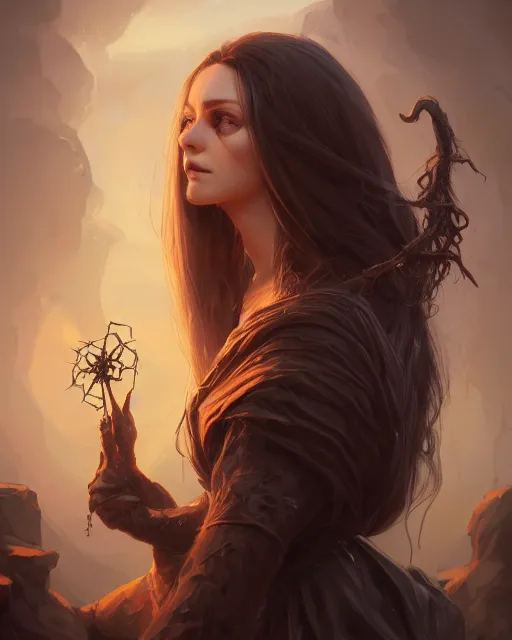 Image similar to highly detailed vfx - portrait of a witch, wonderful eyes, long hair, deep focus, d & d, fantasy, refined, elegant, high detail, digital painting, artstation, concept art, matte, clear focus, illustration, hearthstone, art by artgerm and greg rutkowski, fuji choco, victoria gavrilenko and hoang power lines