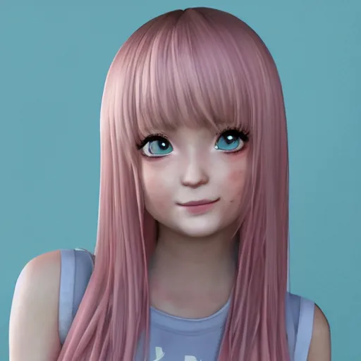 Image similar to Render of Nikki from Shining Nikki Dress-Up Game, a cute 3D young woman, long light pink hair, full bangs, full round face, hazel amber eyes, pale skin, cute freckles, light blush, Chinese heritage, smiling softly, wearing casual clothing, interior lighting, cozy living room background, medium shot, mid-shot, hyperdetailed, trending on Artstation, Unreal Engine 4k