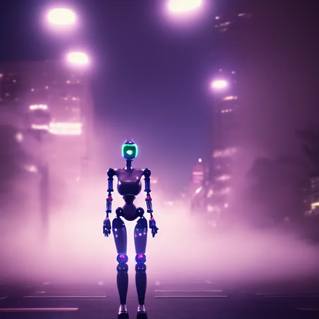 Image similar to robot woman approaching, detailed face, shibuya prefecture, cinematic lighting, fog mist smoke, photorealistic, night photography, octane render by tomino - sama