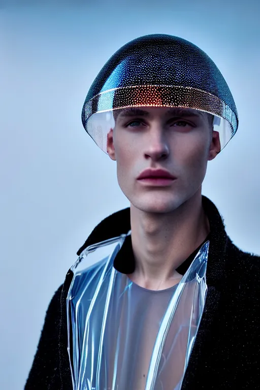 Image similar to an ultra high definition professional high fashion portrait studio full length photograph of a male model wearing a transparent pearlescent raincoat and neon visor in an icelandic black rock environment at dawn. no artefacts. extremely detailed. stark. refraction. shallow depth of field. volumetric light and shadow. ray tracing. light rays.