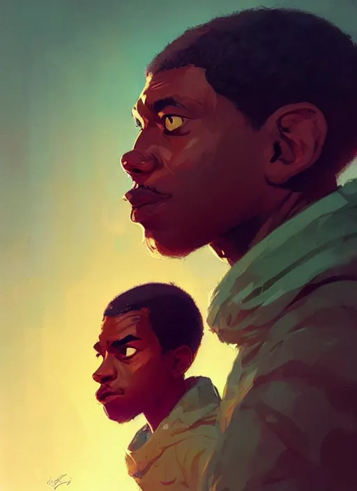 Image similar to dream highly detailed portrait of a black man looking confused, unaware of his surrounding, magnificent, photographic realistic background, by atey ghailan, by greg rutkowski, by greg tocchini, by james gilleard, by joe fenton, by kaethe butcher, trending on instagram, award winning details