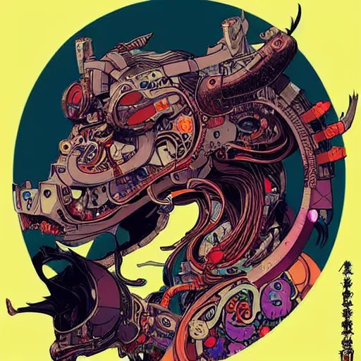 Image similar to cyberpunk oimmortal beast from chinese mythology cyborg portrait, illustration, pop art, splash painting, art by geof darrow, ashley wood, alphonse mucha, makoto shinkai