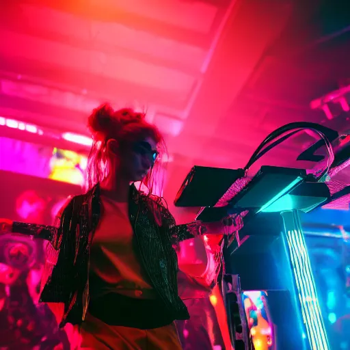 Image similar to Grimes DJing onstage playing with a synthesizer, neon, lambent lighting with vivid and radiant colors, 35mm photography, volumetric lighting, trending on artstation, artstationHD, artstationHQ, 4k, 8k.