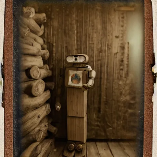 Image similar to humanoid robot in wood paneled room, underground room designed to look like log cabin, robot, tintype photograph