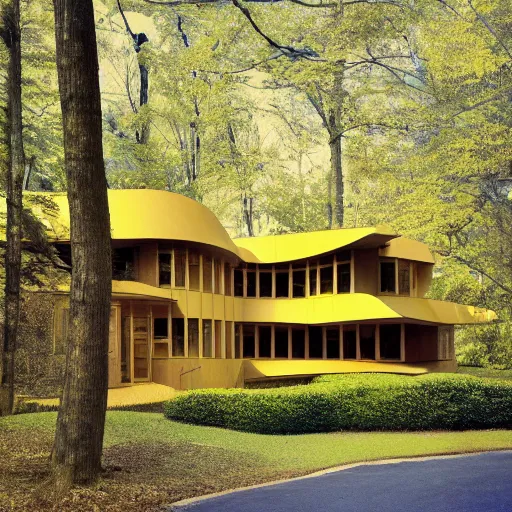 Image similar to architecture ad for a big mid-century modern house in the middle of the wood designed by frank gehry. grain, cinematic, colorized, yellow hue.