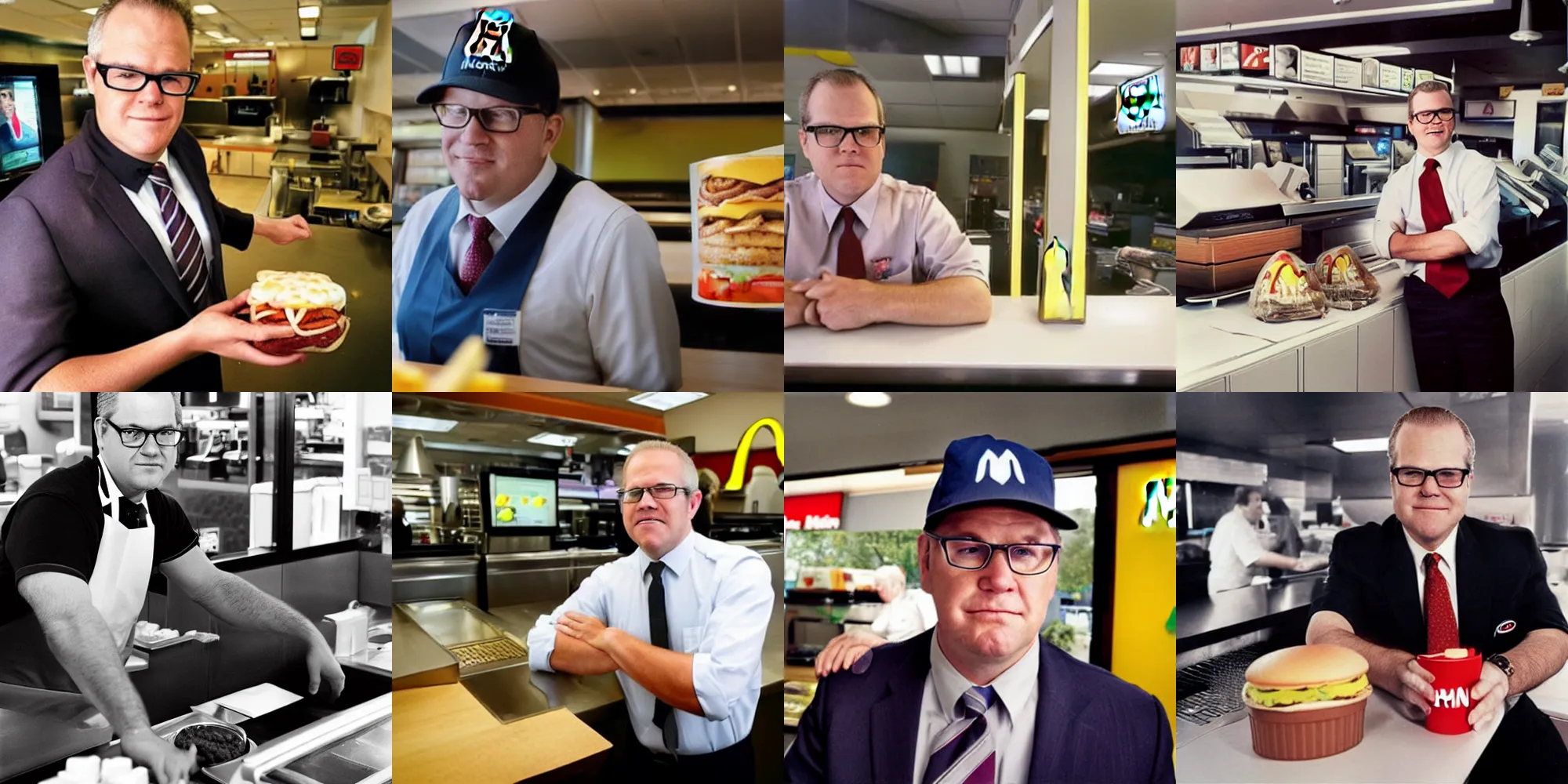 Prompt: Candid portrait photograph of smug Scott Morrison working at McDonalds, taken by Annie Leibovitz