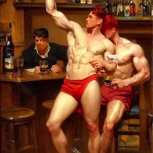 Prompt: attractive muscular male with red hair, and muscular attractive male with black hair, shorts, drinking their hearts out, in a pub. very defined and highly detailed painting by j. c. leyendecker, gaston bussiere, craig mullins 8 k