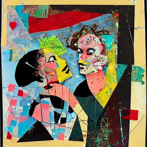 Image similar to two women kissing at a recursive carnival, mixed media collage, retro, paper collage, magazine collage, acrylic paint splatters, bauhaus, claymation, layered paper art, sapphic visual poetry expressing the utmost of desires by jackson pollock