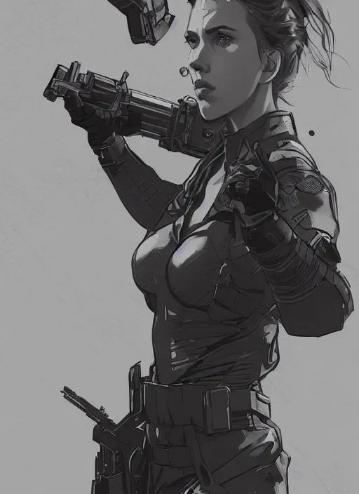 Prompt: scarlett johansson wearing metal gear armor art by Hokusai by greg rutkowski by wlop high detail comic sharp vector lineart dramtic lighting artstation by trevor henderson cinematic dramatic