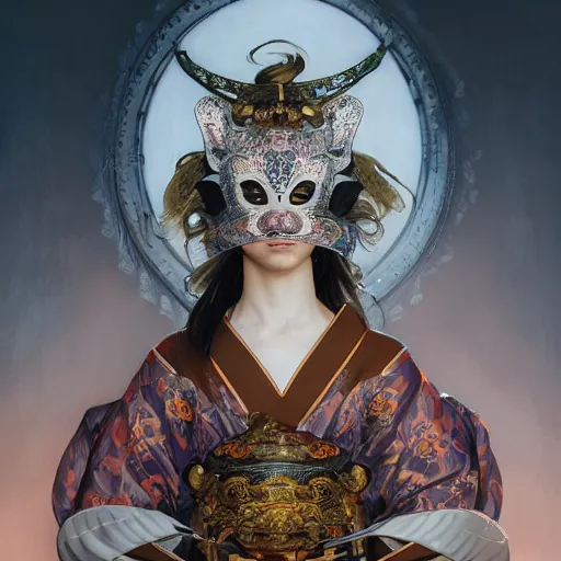 Image similar to a photorealistic dramatic fantasy render of a beautiful woman wearing a beautiful intricately detailed japanese monkey kitsune mask and clasical japanese kimono by wlop, artgerm, greg rutkowski, alphonse mucha, beautiful dynamic dramatic dark moody lighting, shadows, cinematic atmosphere, artstation, concept design art, octane render, 8 k