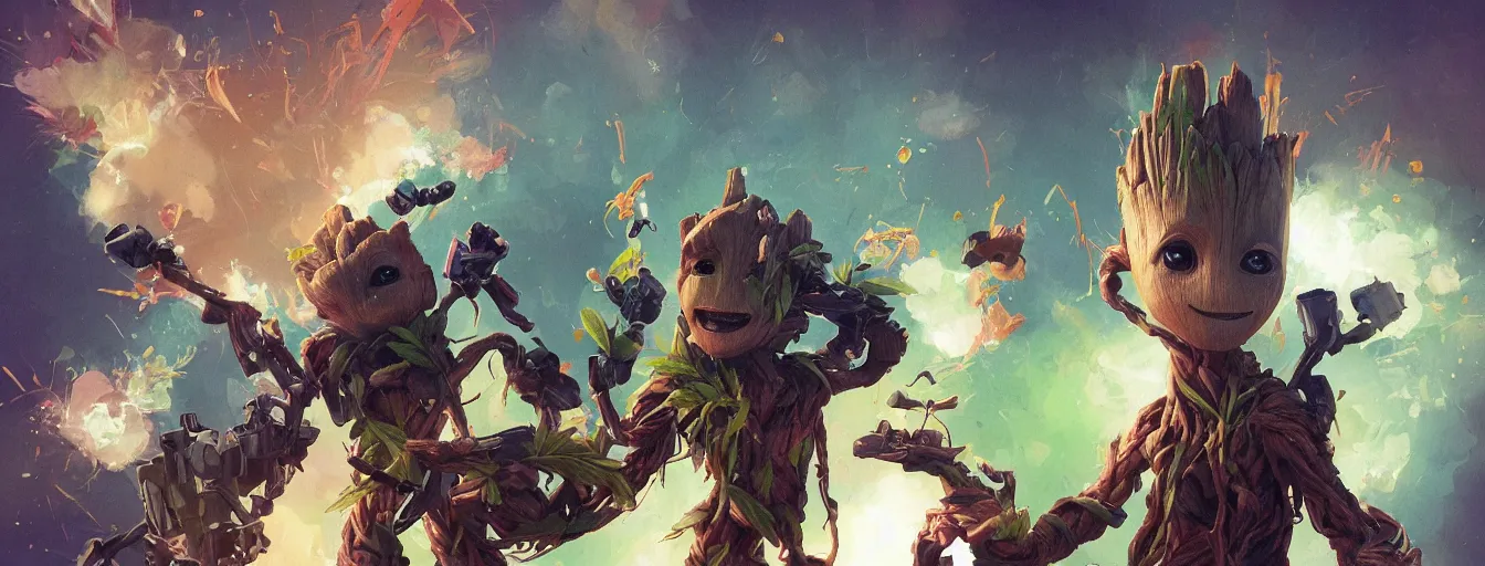 Image similar to duotone concept illustration 3 / 4 portrait of baby groot wearing cannabis hat, hemp, marijuana!, cinematic volumentric lighting, jim cheung, david marquez, mike deodato jr, ilya kuvshinov, makoto shinka, behance hd by jesper ejsing, by rhads, hyper detailed, octane render, concept art, artstation