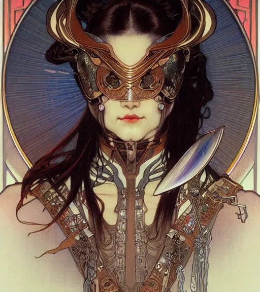 Prompt: realistic detailed face portrait of a beautiful futuristic warrior geisha in alien samurai armor by alphonse mucha, ayami kojima, amano, greg hildebrandt, and mark brooks, female, feminine, art nouveau, japanese cyberpunk, geisha, neo - gothic, gothic, character concept design