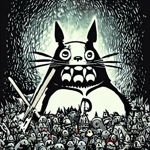 Image similar to totoro in a black metal band in a concert, dressed like band metal marduk, mayhem, burzum, immortal, a crowd cheering, a drummer, electric guitar, sparkles all around, fantasy digital art, wow, stunning, ghibli style, hight quality