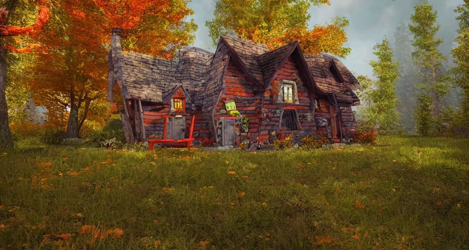 Image similar to colorful cottage in the middle of the woods, windy autumn day, peaceful environment, adventurous architecture, wooden fence, 3d render, unreal engine, trending on artstation, cgnation, by senior 3D artist