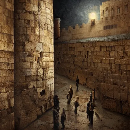 Prompt: michal karcz surrealism painting of the Western Wall of Jerusalem. , horror theme, detailed, elegant, intricate, 4k, Renaissance painting