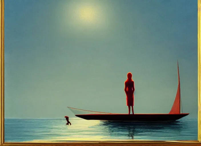 Image similar to lonely woman waiting on a shore for a boat with scarlet sail, highly detailed, science fiction, Edward Hopper and James Gilleard, Zdzislaw Beksinski highly detailed