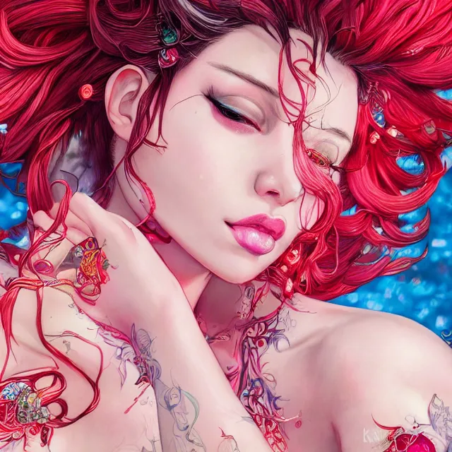 Image similar to an absurdly beautiful, elegant, young hypercolorful sensual gravure idol partially made up of rubies and red gems, ultrafine hyperrealistic detailed face illustration by kim jung gi, irakli nadar, intricate linework, sharp focus, bright colors, matte, octopath traveler, final fantasy, unreal engine highly rendered, global illumination, radiant light, intricate environment