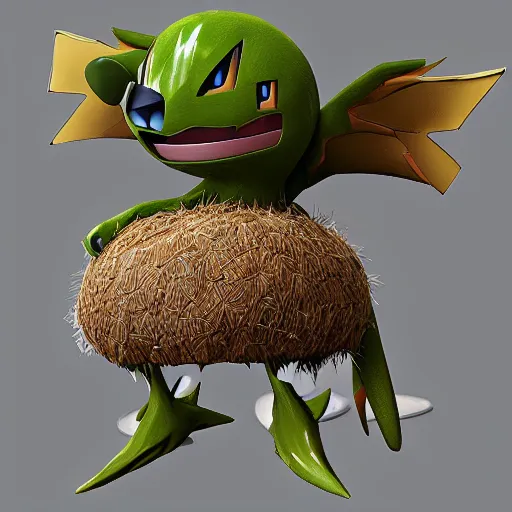 Image similar to A pokemon that looks like a coconut, which splits in half into wings,Trending on art station. Unreal engine.