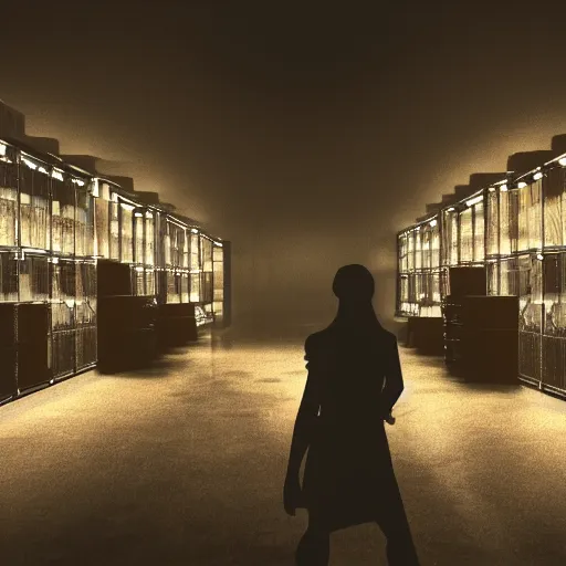 Image similar to woman holding a flashlight running through the interior of a furniture store, rows of refrigerators and stoves, cinematic lighting, night, terrifying, scp 3008, landscape, fog, artstation