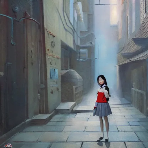 Prompt: a perfect, realistic professional oil painting in Dali style, of a Japanese schoolgirl posing in a dystopian alleyway, close-up, by a professional American senior artist on ArtStation, a high-quality hollywood-style concept