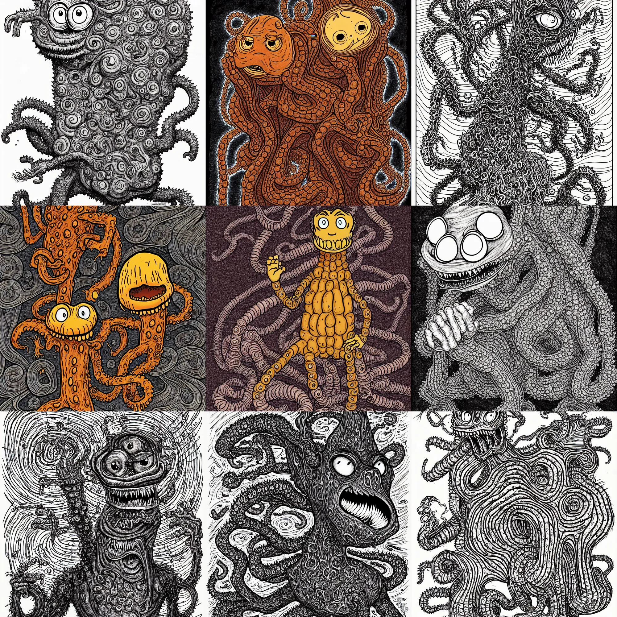 Image similar to Garfield as an eldritch abomination, illustrated by Junji Ito, Lovecraftian, digital art, line art, highly detailed