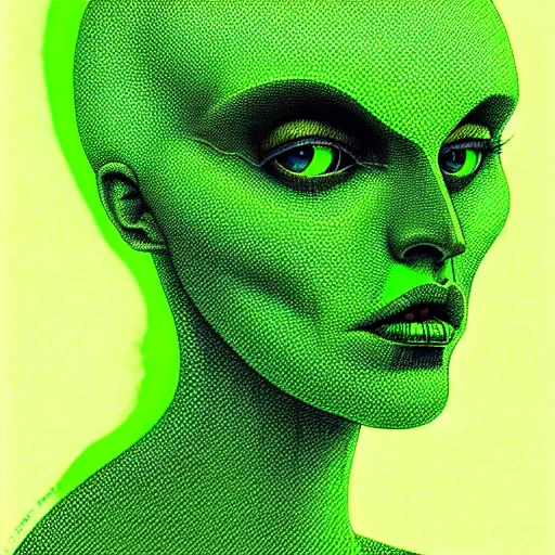 Prompt: medium portrait top light, by killian eng and joe fenton and h r giger and conrad roset, inspired by alien movie 1 9 7 9, lime green background, fine, sharp high detail,