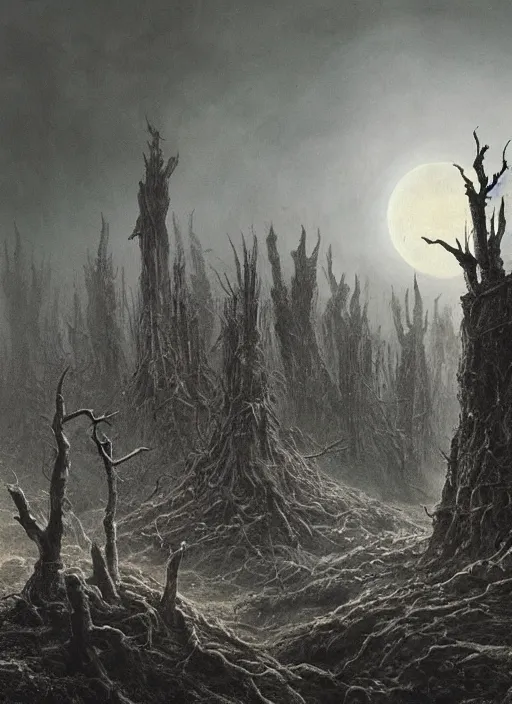 Image similar to a dramatic matte painting of The Tomb in the dystopian landscape is opening through the ground, the dead has arisen under the glowing moon, dead trees and a brooding landscape by Giger and Dariusz Zawadzki and Beksinski