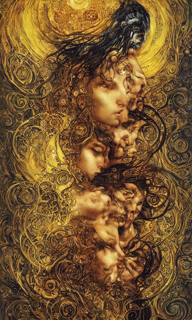 Image similar to Divine Chaos Engine by Karol Bak, Jean Deville, Gustav Klimt, and Vincent Van Gogh, beautiful visionary mystical portrait, sacred, otherworldly, fractal structures, Surreality, ornate gilded medieval icon, third eye, spirals, horizontal symmetry