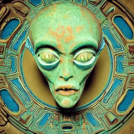 Image similar to weird alien blue and green body Egyptian head alien grotesque baroque gothic style dead space interior