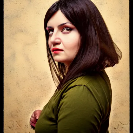 Prompt: A portrait of a plump romanian woman, art neuveau woman with straight brown hair in a Bob, no bangs, brown eyes, full face, olive skin, romanian heritage, full shot, mid-shot, 8k, by mucha