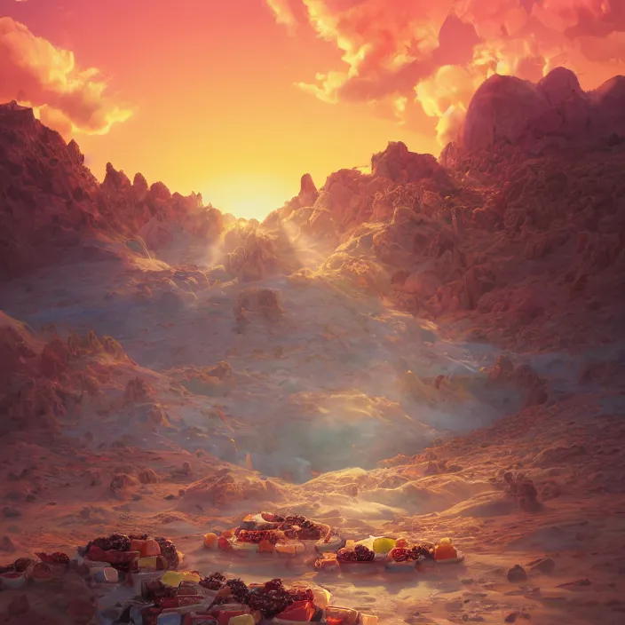 Prompt: desert made from icecream and candies, caramel colorful sun, luminescent sky, handsome, intricate, detailed, volumetric lighting, scenery, digital painting, highly detailed, artstation, sharp focus, illustration, 8 k, hyper realistic, magic world, cartoon