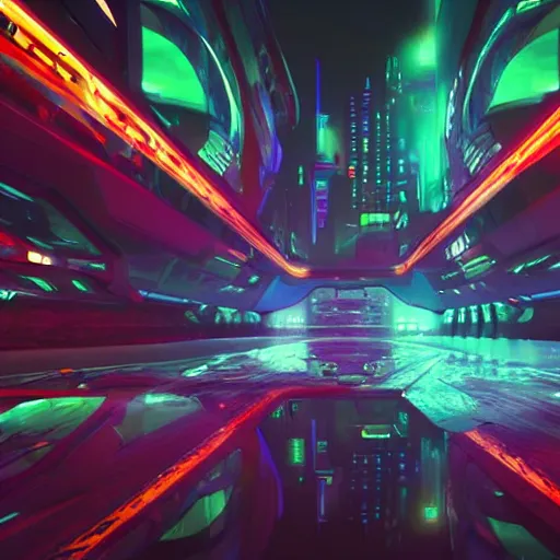 Image similar to Futuristic concept art of a spaceship flying in a cyber punk neon city at night with rain, extremely detailed photo