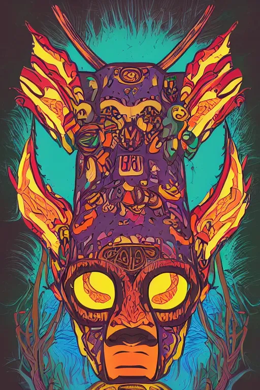 Image similar to animal mask totem roots flower tribal feather gemstone plant wood rock shaman vodoo video game vector cutout illustration vivid multicolor borderlands comics by josan gonzales and dan mumford radiating a glowing aura