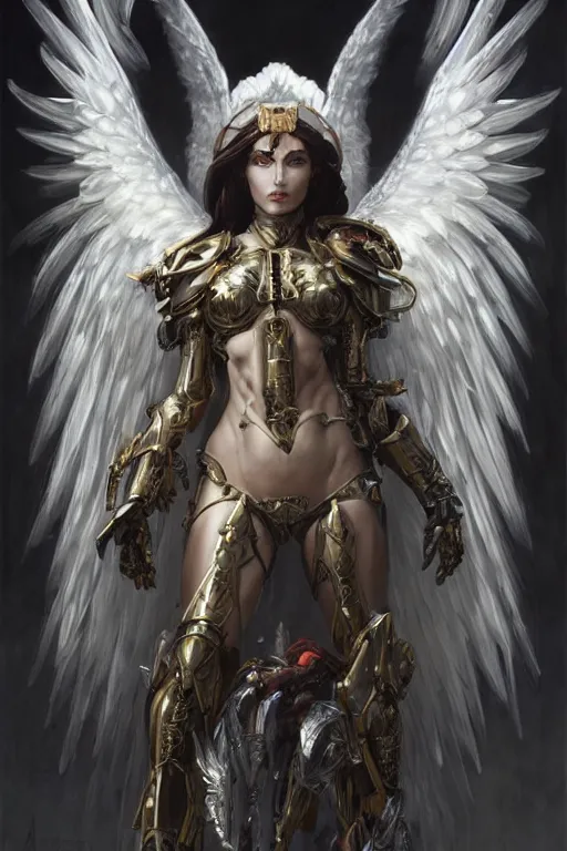 Prompt: a professional painting of a beautiful archangel woman, warhammer style , olive skin, long dark hair, beautiful bone structure, symmetrical facial features, intricate, elegant, digital painting, concept art, smooth, sharp focus, illustration, from Metal Gear, by Ruan Jia and Mandy Jurgens and Artgerm and William-Adolphe Bouguerea