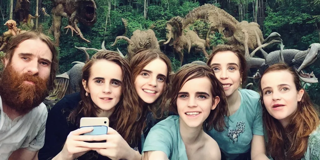 Image similar to photo, three hairy fat cave people, emma!! watson!!, looking at camera, surrounded by dinosaurs!, gigantic forest trees, sitting on rocks, bright moon, birthday cake on the ground, front close - up view of her face, selfie