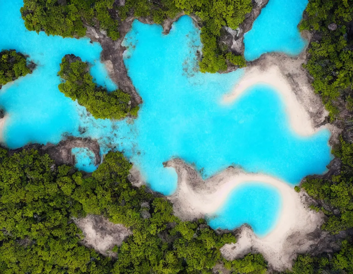 Prompt: photo of ultra realistic blue lagoon with exotic tree heart / shaped sandy beach island, sunset lighting