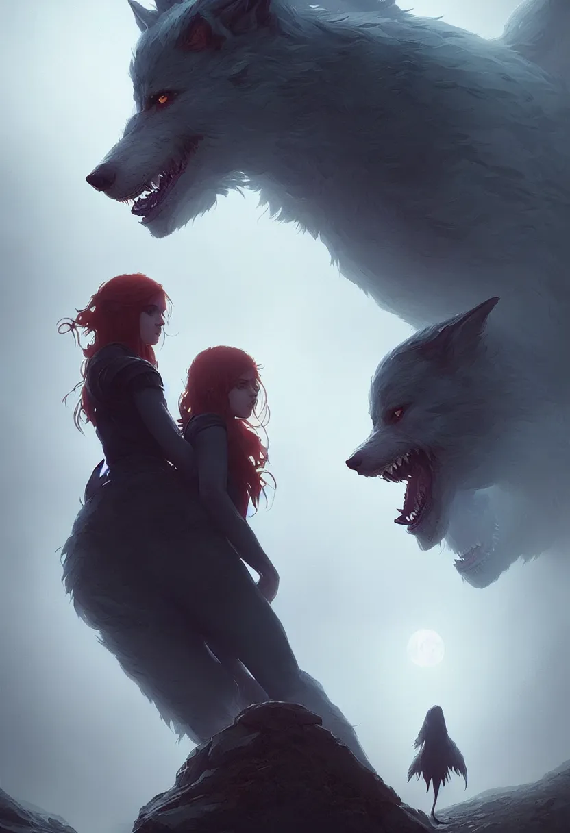 Image similar to book cover for a love story between a werewolf and red headed german girl, ultra high definition, ultra detailed, symmetry, fog, matte painting, by greg rutkowski and ross tran and wlop