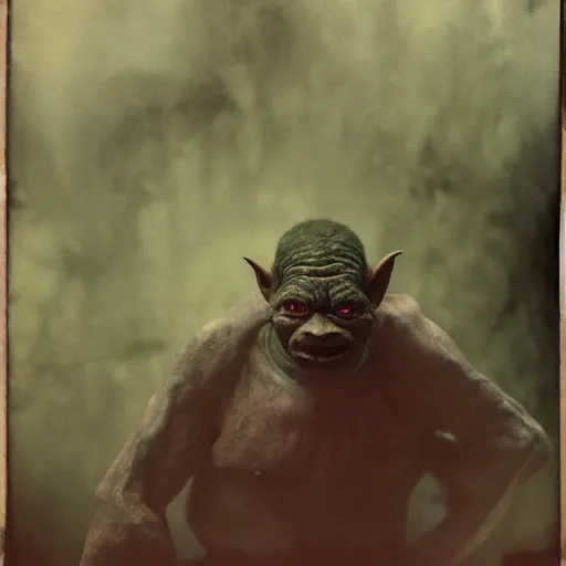 Image similar to a painting of a goblin orc taken by sally mann, portrait, foggy, hazy, dull colors, detailed, bleak,