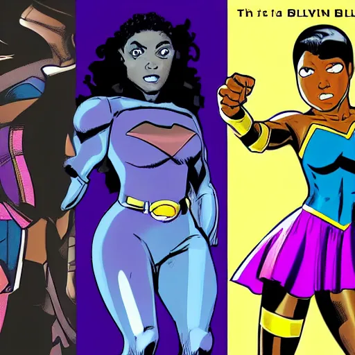 Image similar to comic book black girl superhero, wearing purple colors, has blonde hair, from Brooklyn