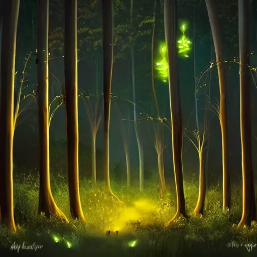 Image similar to a beautiful matte painting of glowing Fireflies in an amazing forest in the night, by artist, artist and artist. Trending online