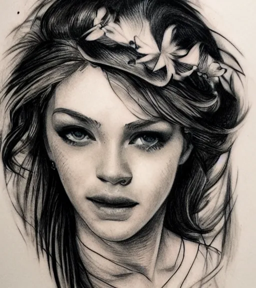 Image similar to tattoo design sketch of a beautiful girl portrait faded in a mountain background, in the style of den yakovlev, realistic face, black and white, realism tattoo, hyper realistic, highly detailed