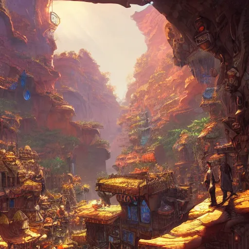 Prompt: an intricate steampunk village in a glorius canyon, morning light, moebius, zeen chin, landscape, cinematic, matte painting, high definition, 8 k, artstation