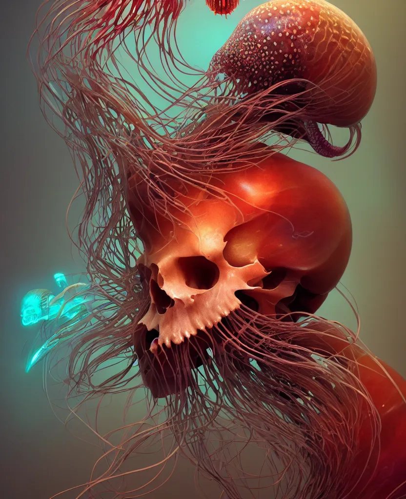 Image similar to goddess close-up portrait animal skull. jellyfish phoenix head, nautilus, orchid, skull, betta fish, bioluminiscent creatures, intricate artwork by Tooth Wu and wlop and beeple. octane render, trending on artstation, greg rutkowski very coherent symmetrical artwork. cinematic, hyper realism, high detail, octane render, 8k