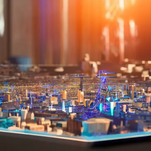 Image similar to crane shot of large group people in open warehouse, looking at hologram of futuristic city on a table, cinematic still, godrays, golden hour, natural sunlight, 4 k, clear details, tabletop model buildings, tabletop model, ethereal hologram center, crane shot, crane shot, rule of thirds, people, people, award winning