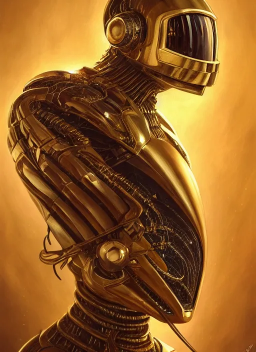 Image similar to dark lovecraft horror machine glowing daft punk eyes, gold and silver chrome armor, elegant, highly detailed, centered, digital painting, artstation, concept art, smooth, sharp focus, illustration, artgerm, tomasz alen kopera, peter mohrbacher, donato giancola, joseph christian leyendecker, wlop, frank frazetta