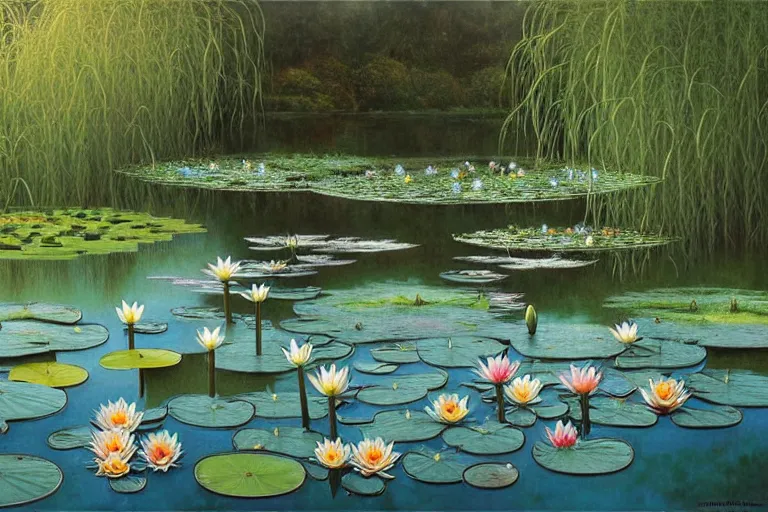 Image similar to pale teal rain beside pond with waterlilies, fantasy, intricate, elegant, dramatic lighting, emotionally evoking symbolic metaphor, highly detailed, lifelike, photorealistic, digital painting, artstation, concept art, smooth, sharp focus, illustration, art by John Collier and Albert Aublet and Krenz Cushart and Artem Demura and Alphonse Mucha