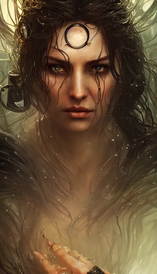 Image similar to furious gorgeous woman, lord of the rings, cyberpunk, rain, tears, insane, intricate, highly detailed, digital painting, artstation, concept art, smooth, sharp focus, illustration, Unreal Engine 5, 8K, art by artgerm and greg rutkowski and alphonse mucha